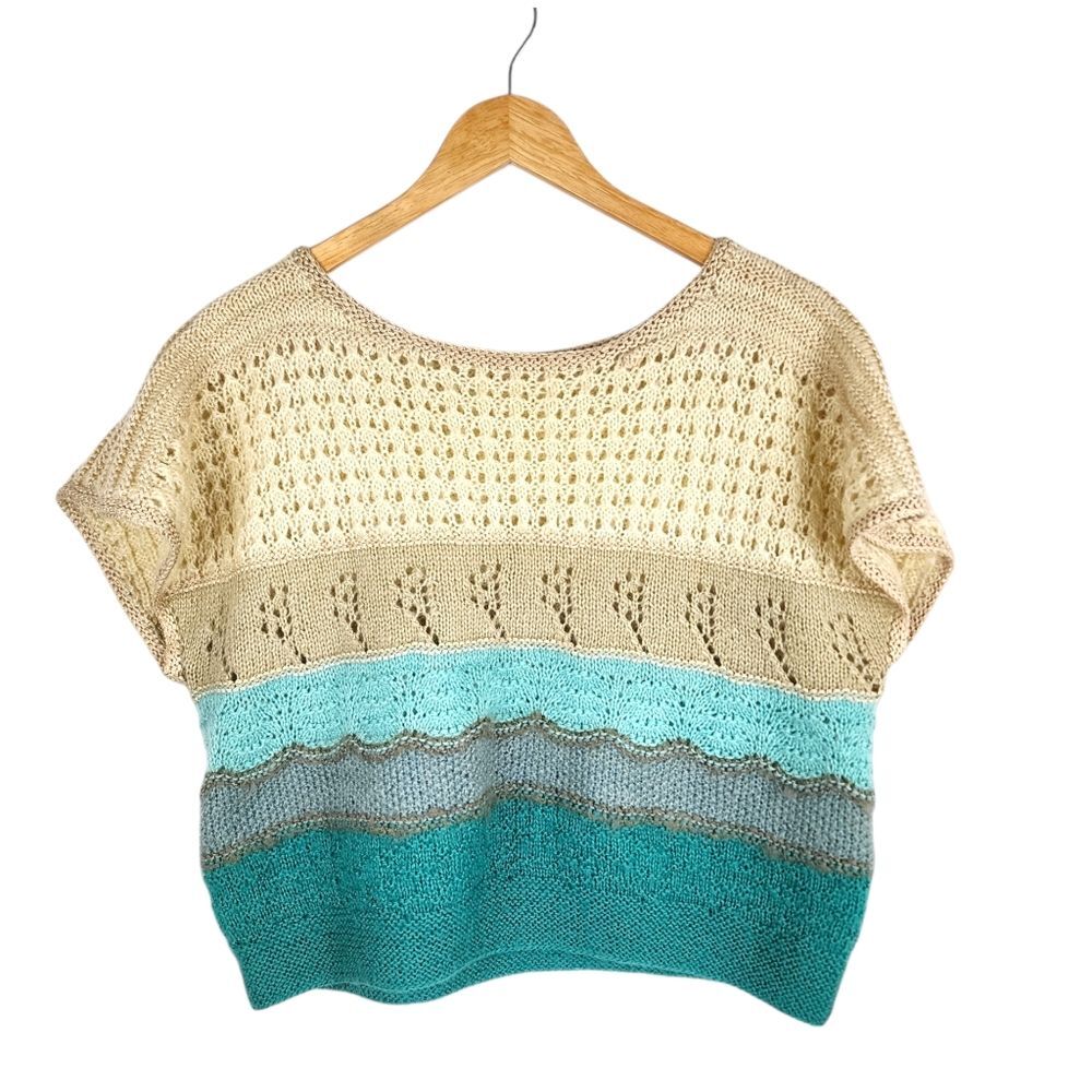 Boho Ombre Crochet Crop Top Teal & Beige Open Knit Festival Sweater OS